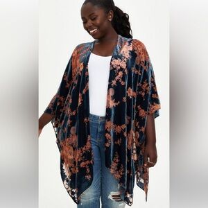 NWT World Market BOHO Kimono Velvet floral Open Front Cardigan One Size